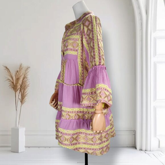 Lace the Label Tiered Embroidered Mini Dress Size M Pink Bell Sleeve Boho Geo - Picture 4 of 15